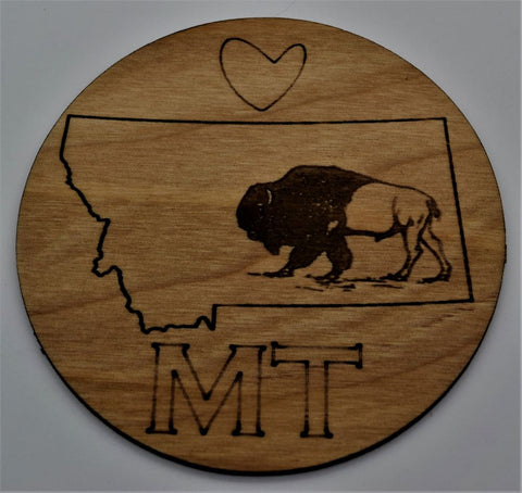 Made in Montana "Heart Montana" Buffalo / Bison 4" Birch Coaster