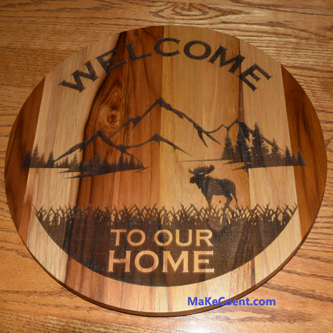 Teak 14 7/8" Round Butcher Block Sign / Charcuterie / Cutting Board "Welcome to Our Home"